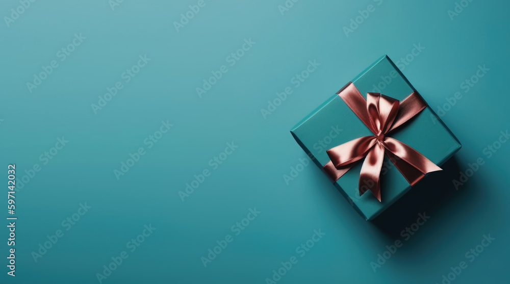 Gift box with satin ribbon and bow on blue background. Holiday gift with copy space. Birthday or Christmas present, flat lay, top view. Christmas giftbox concept. Generative Ai Gift box with satin ribbon and bow on blue background. Holiday gift with copy space. Birthday or Christmas present, flat lay, top view. Christmas giftbox concept. Generative Ai
