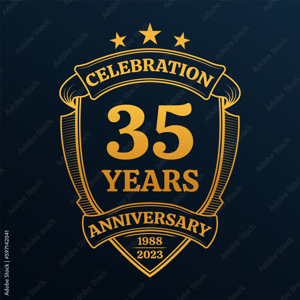 35 years anniversary icon or logo. 35th yubilee celebration, business company birthday badge or label. Vintage banner with shield and ribbon. Wedding, invitation design element. Vector illustration.