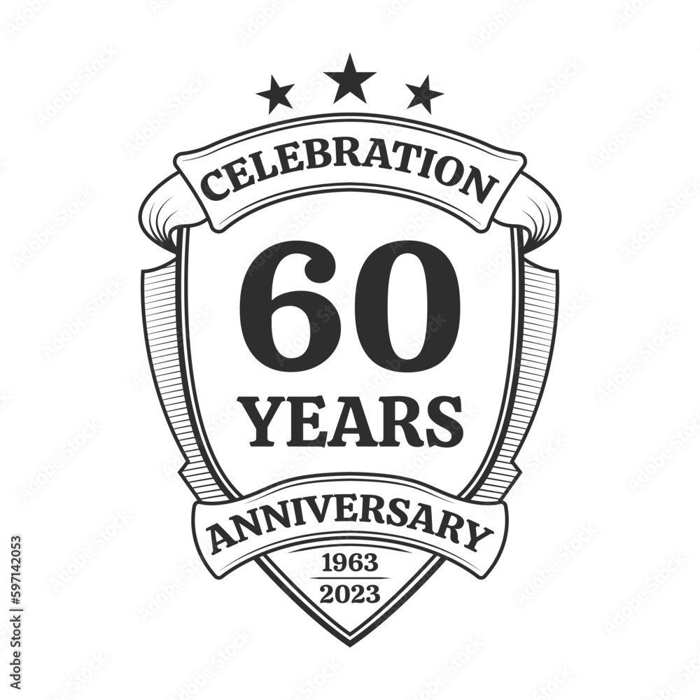 Obraz premium 60 years anniversary icon or logo. 60th yubilee celebration, business company birthday badge or label. Vintage banner with shield and ribbon. Wedding, invitation design element. Vector illustration.