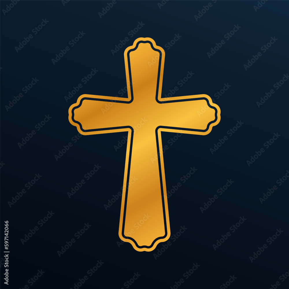 Cross icon. Christian, religious symbol. Golden church, crucifix sign. Vector illustration.