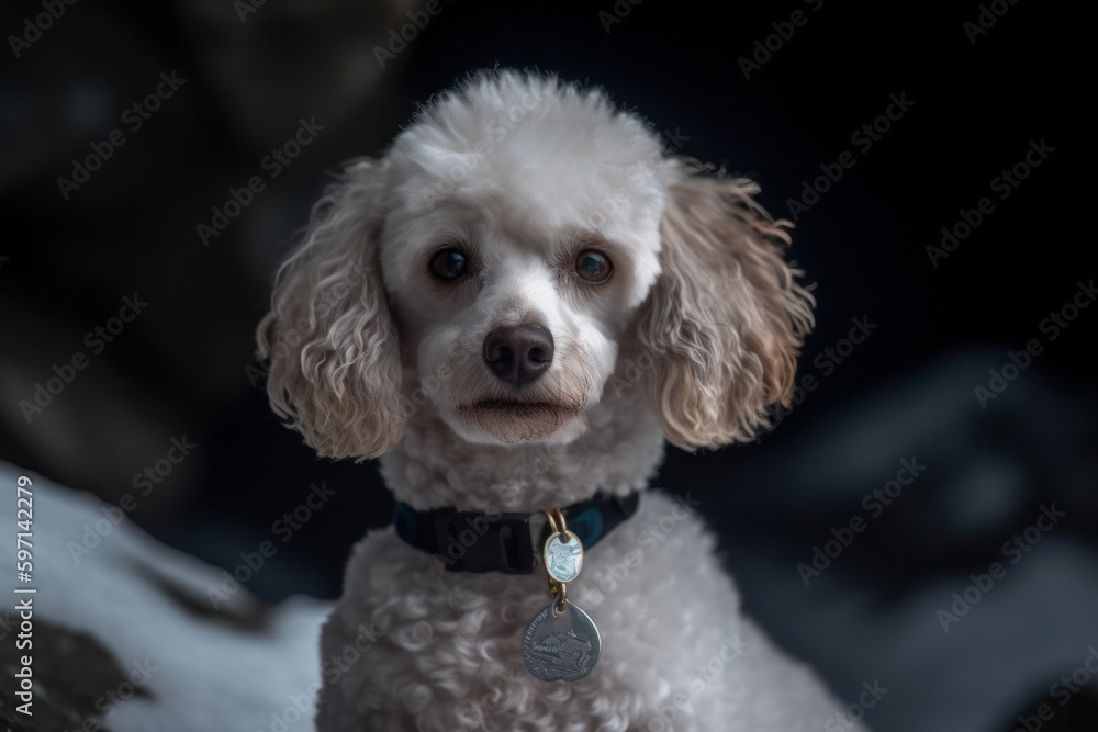 Medium shot portrait photography of a curious poodle wearing a medal against glaciers and ice caves background. With generative AI technology Medium shot portrait photography of a curious poodle wearing a medal against glaciers and ice caves background. With generative AI technology