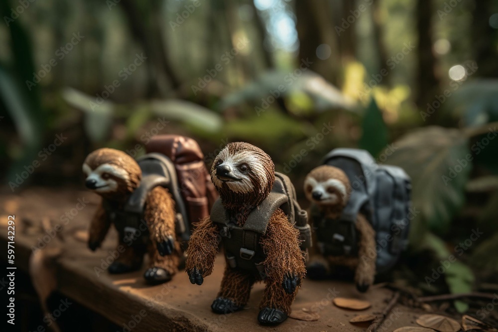 Sloths trekking with colorful backpacks in the wild. Generative AI