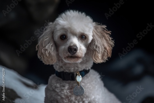 Medium shot portrait photography of a curious poodle wearing a medal against glaciers and ice caves background. With generative AI technology © Markus Schröder