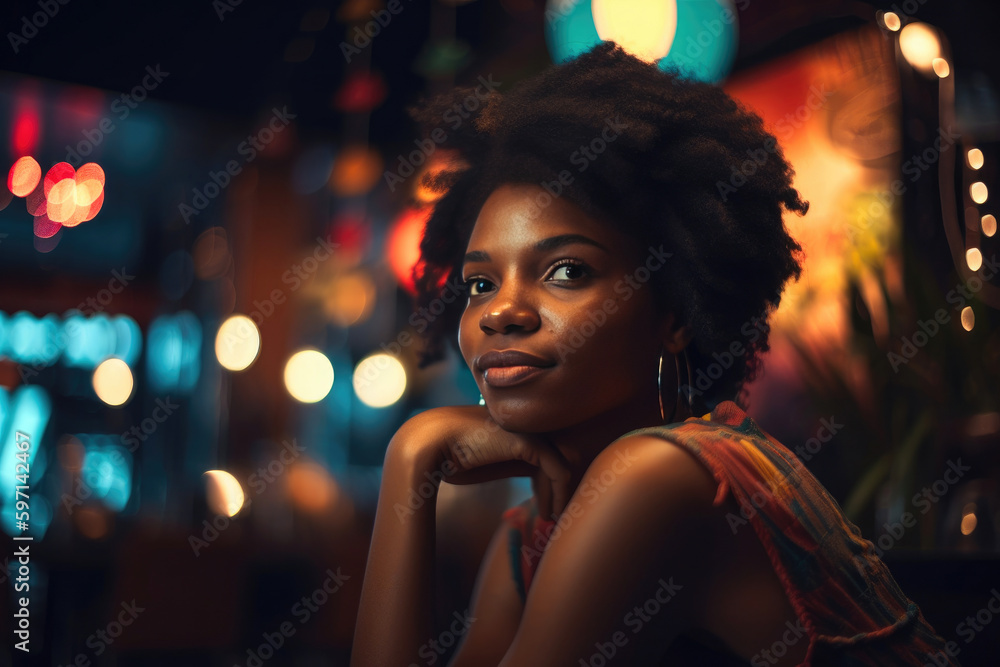 Relaxed black woman chilling on party. Generative AI Relaxed black woman chilling on party. Generative AI