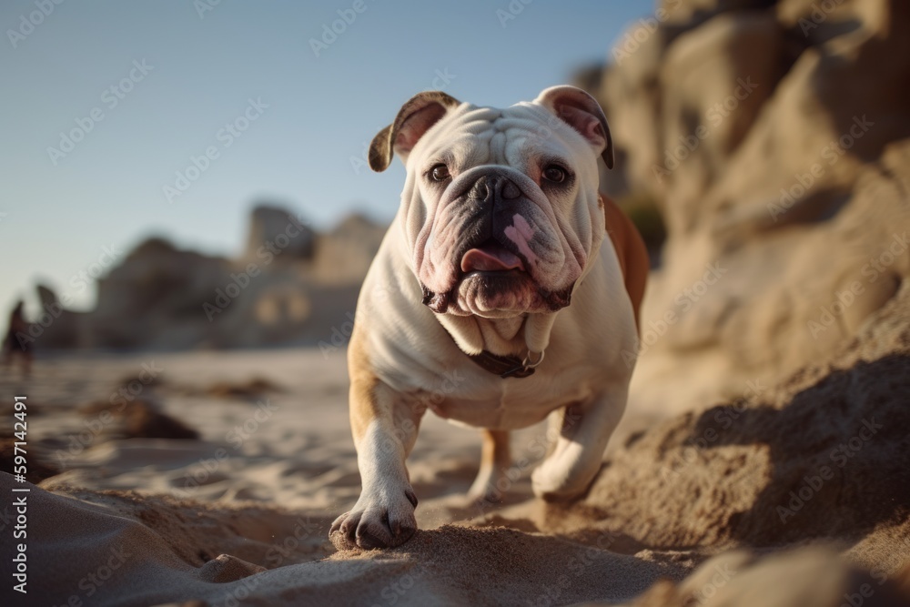 Medium shot portrait photography of a curious bulldog running against seaside cliffs background. With generative AI technology
