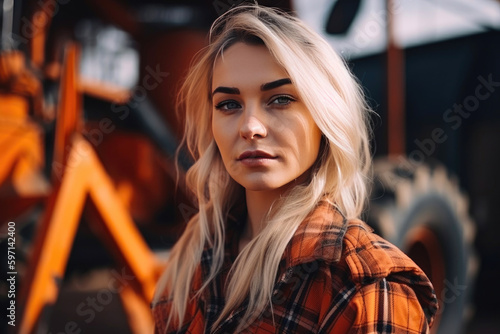 Woman near tractor. Generative AI