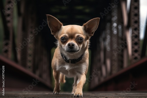 Close-up portrait photography of an aggressive chihuahua running against suspension bridges background. With generative AI technology