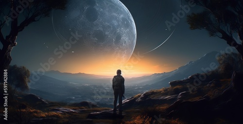 Hyperion-inspired Desktop Wallpaper with Cinematic Lighting and Unreal Engine 5 Technology: Moody, and Hypermaximalist with Super-Resolution, silhouette of a person in the moonlight, Generative AI