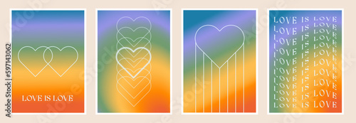 Modern design templates for Pride Month and Gay Love card, banner, poster. Set of trendy minimalist queer aesthetic with gradients and typography love is love. LGBTQ y2k backgrounds, wall art prints. 