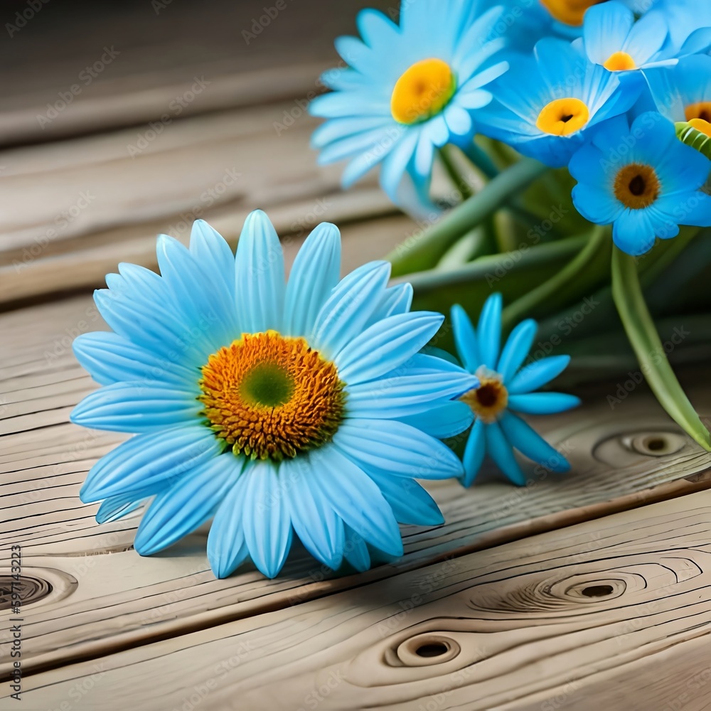 Fototapeta premium Beautiful blue flowers lying on natural wooden tables, spring summer lights and colors