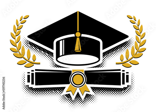 Graduate class template logo with laurel wreath, graduation cap and diploma certificate. Vector on transparent background