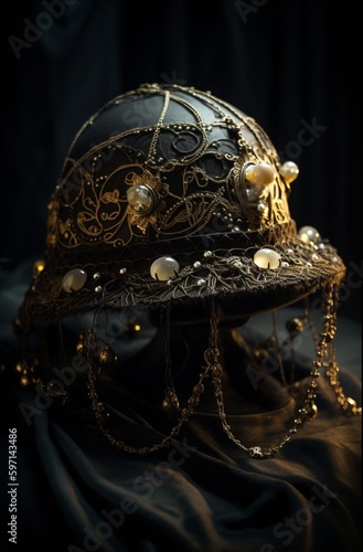 luxury hat in Gothic style, black and green, decorated with lace and stones, generated in AI