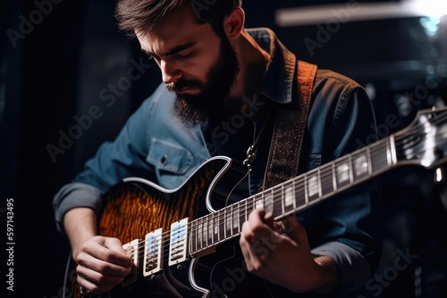 Hipster man plays the electric guitar. Generative AI