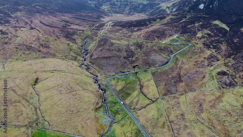 Aerial view of the Pilgrims Path up to the Slieve League cliffs in County Donegal, Ireland Aerial view of the Pilgrims Path up to the Slieve League cliffs in County Donegal, Ireland