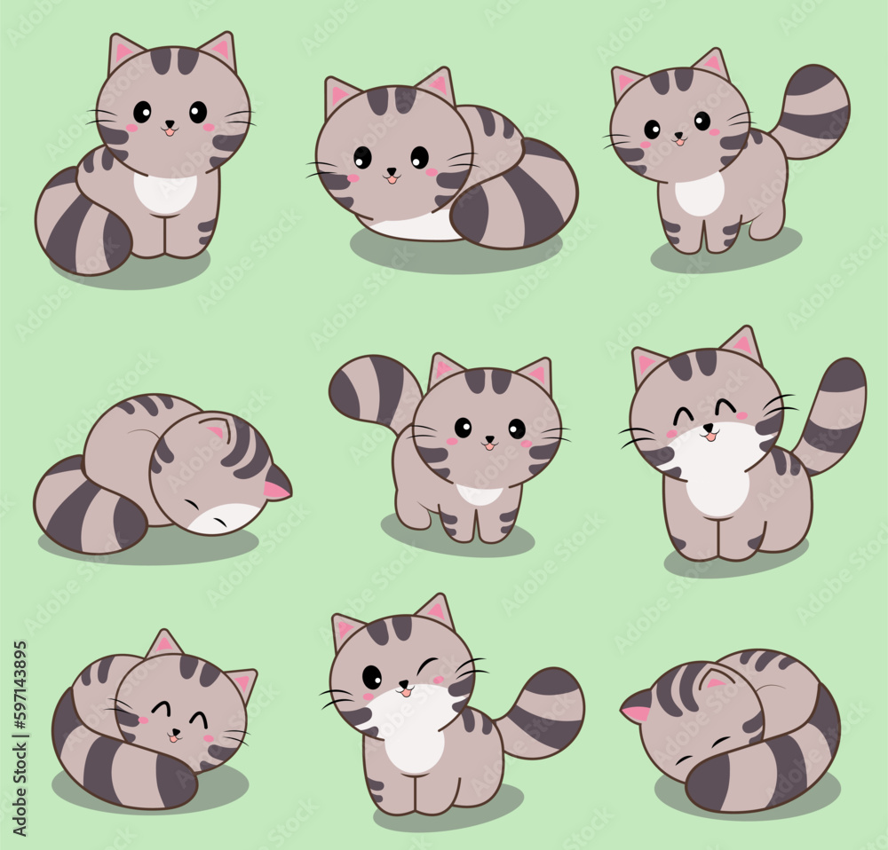 cat cute pet Light brown tones, gray patterns, smooth, clean, eye-catching, a set of 9 images, cartoon drawings, graphics, illustrations.