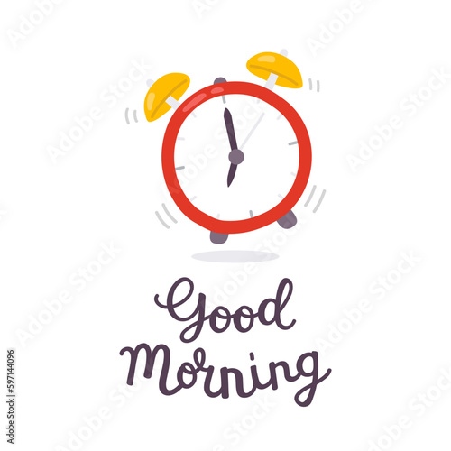 A cartoon vector red alarm clock with the words good morning 
