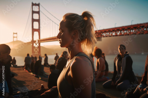 Yoga instructor with her yoga class with the Golden Gate Bridge in the background. Generative AI