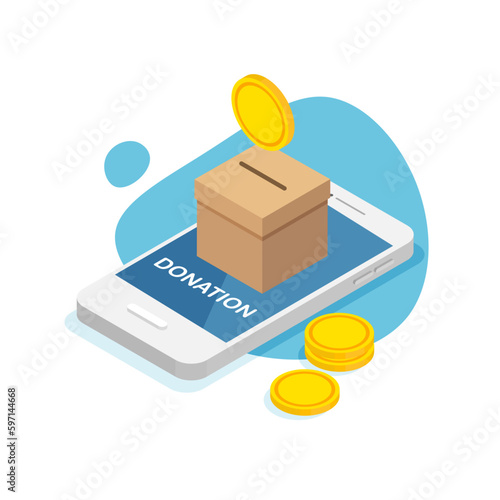 Donation and charity isometric concept. 3d smart phone with donation money. Vector Illustration isolated.