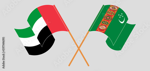 Crossed flags of the United Arab Emirates and Turkmenistan. Official colors. Correct proportion