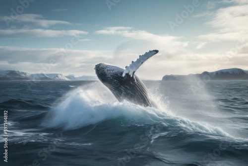 Epic moment of a blue whale breaching the ocean's surface, showcasing its full body and tail in a dramatic display of power. Created with generative A.I. technology. © ahoi!