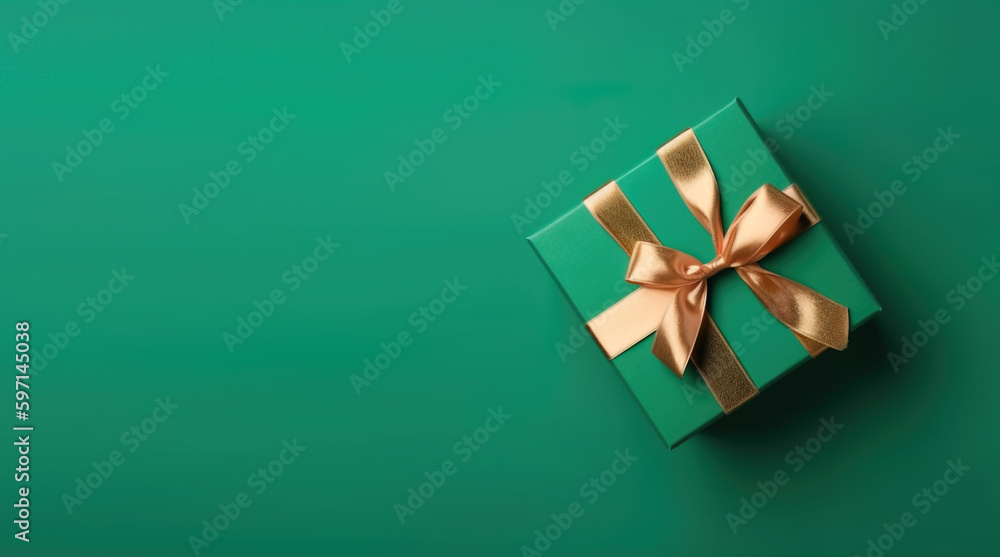 Gift box with satin ribbon and bow on green background. Holiday gift with copy space. Birthday or Christmas present, flat lay, top view. Christmas giftbox concept. Generative Ai Gift box with satin ribbon and bow on green background. Holiday gift with copy space. Birthday or Christmas present, flat lay, top view. Christmas giftbox concept. Generative Ai