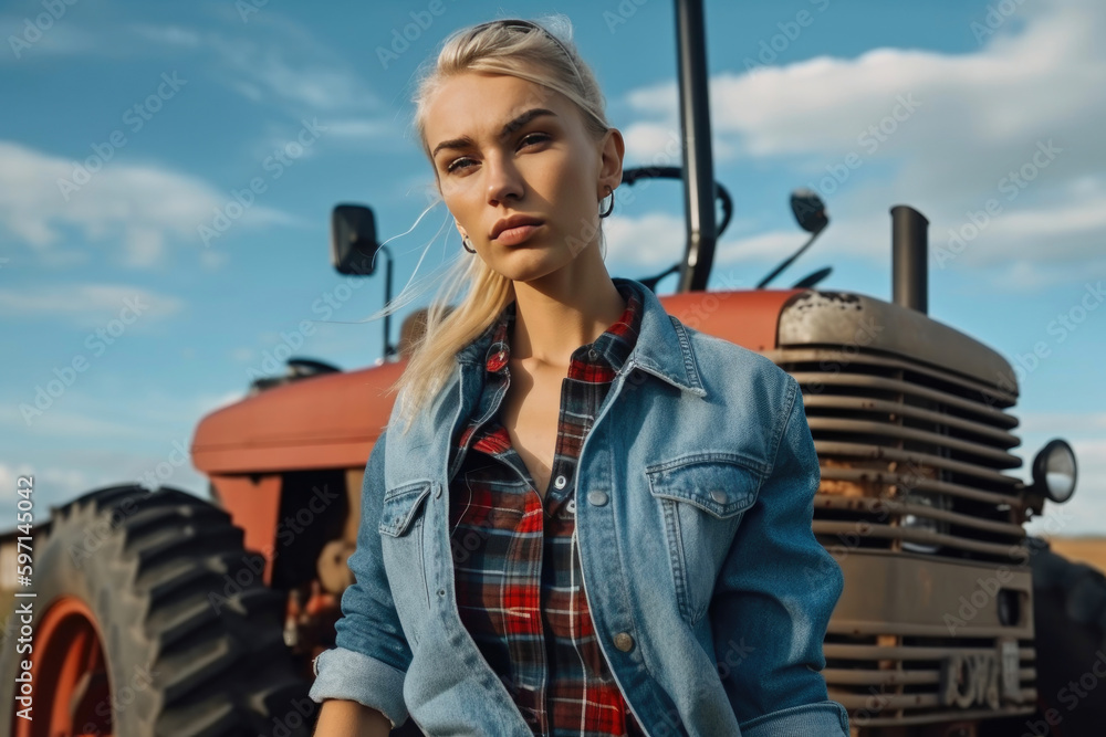 Portrait of farmer woman in against the background of tractor. Generative AI