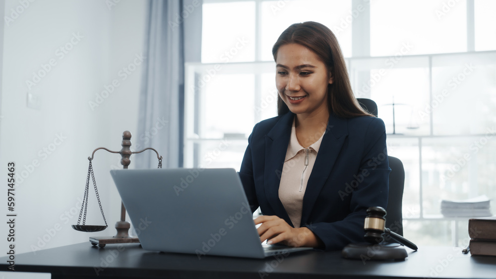Portrait of female asian lawyer manager in formal suit working with signed insurance contract law, legal, legislation, online consulting real estate clients close deal in realtor office. Portrait of female asian lawyer manager in formal suit working with signed insurance contract law, legal, legislation, online consulting real estate clients close deal in realtor office.