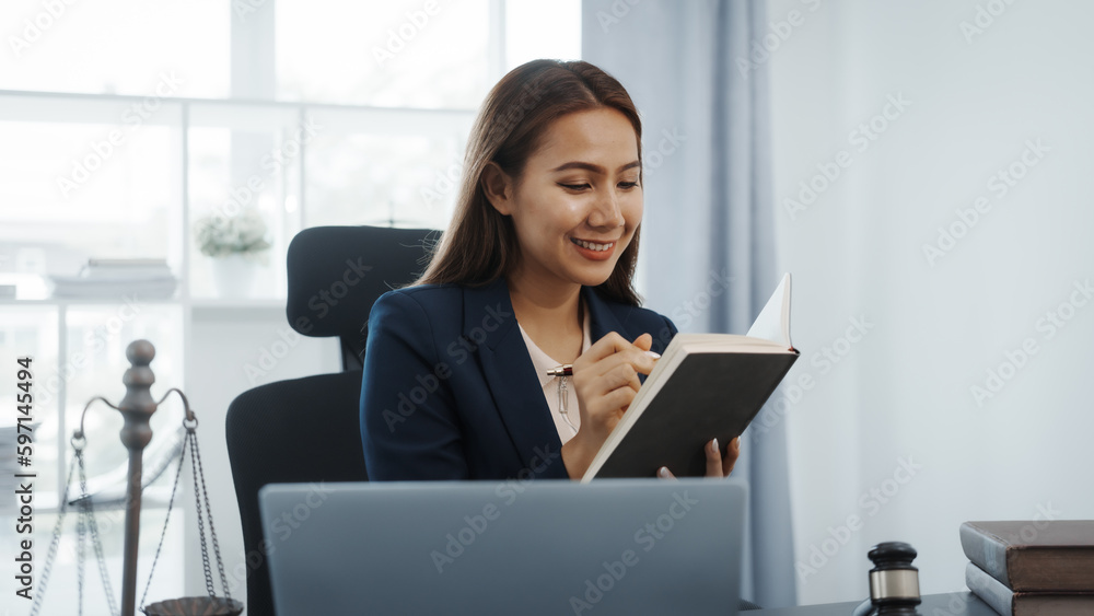 Portrait of female asian lawyer manager in formal suit working with signed insurance contract law, legal, legislation, online consulting real estate clients close deal in realtor office. Portrait of female asian lawyer manager in formal suit working with signed insurance contract law, legal, legislation, online consulting real estate clients close deal in realtor office.