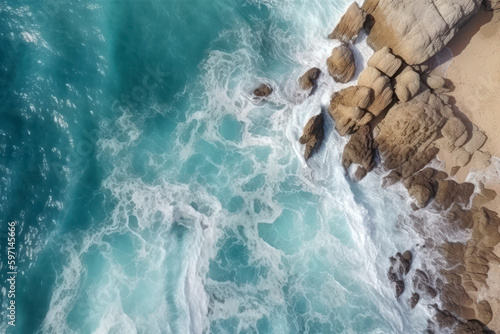 Aerial top view of sea waves and rocky coast, created with Generative AI technology