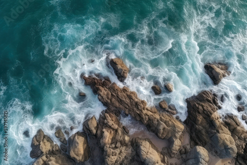 Aerial top view of sea waves and rocky coast, created with Generative AI technology