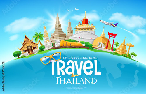 Thailand places architecture tourism festival design on world map, airplane, cloud and sky on blue background, eps 10 vector illustration
