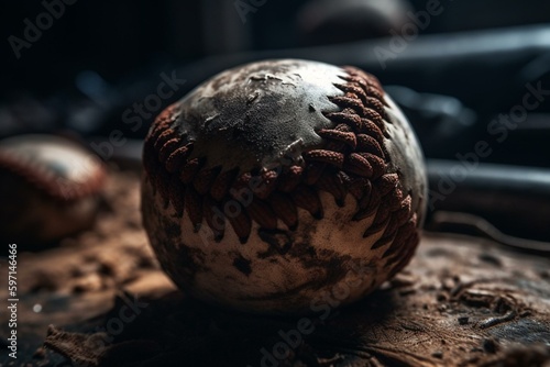 Close-up of a grimy, well-worn baseball. Generative AI