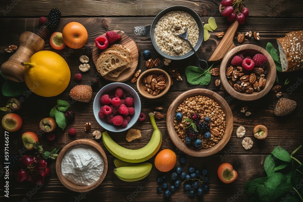 A view from above of a nutritious breakfast spread on dark wood. Includes omelette, toasts, granola bars, smoothie bowl, yogurts, and fruits. Generative AI