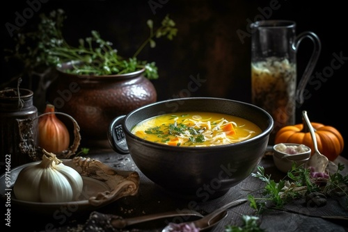 Autumnal homemade squash soup in a bowl. Generative AI