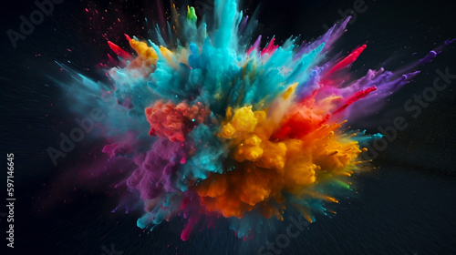 Color powder explosion or clour paint splash with dye smoke blend background. Creative color ink or paint drips splash  color powder explode. Abstract artistic background generative ai.