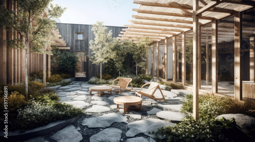 Private garden that merges modernist design principles with the contemporary Scandinavian residential architecture that captures the minimalist and contemporary design philosophy. Generative AI