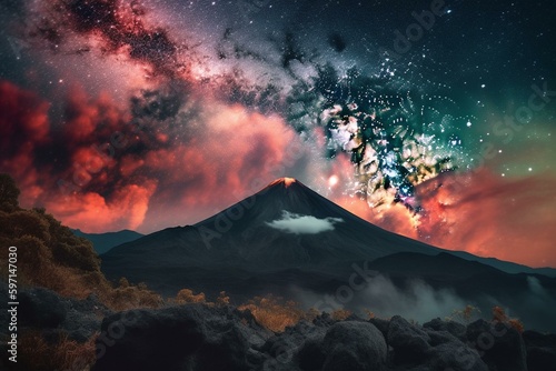 Vivid sky displaying stars and clouds with a volcanic vibe. Digitally created with cloud computing. Generative AI