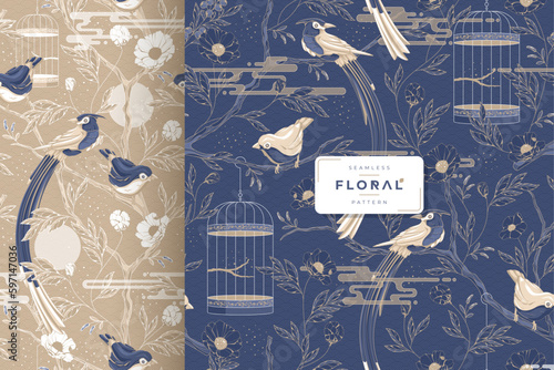 hand drawn luxury birds and floral seamless pattern