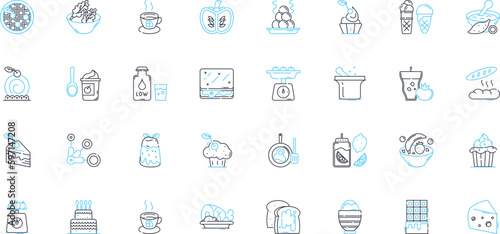 Food court linear icons set. Diverse, Appetizing, Crowded, Fast-paced, Culinary, Vibrant, Spacious line vector and concept signs. Friendly,Affordable,Popular outline illustrations