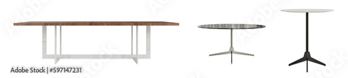 Set of table furniture on transparent background, interior design, 3d render illustration. photo