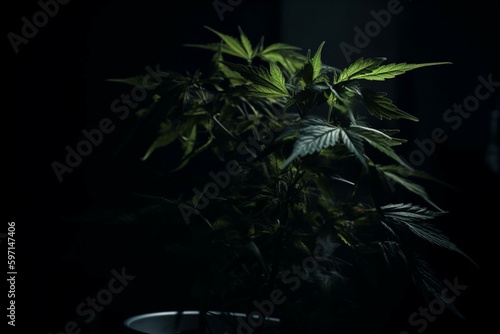 Darkly-lit marijuana plant standing alone. Generative AI