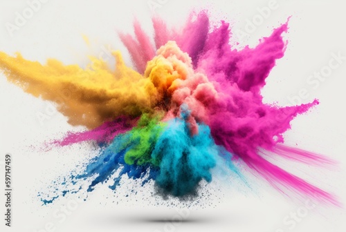 Holi color powder explosion with rainbow on isolated white background  burst of vibrant colors. Generative AI