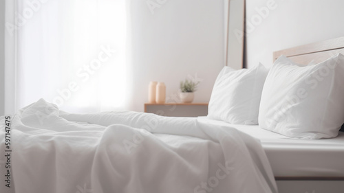 White bedding sheets and pillow background  Messy bed concept created with generative ai technology