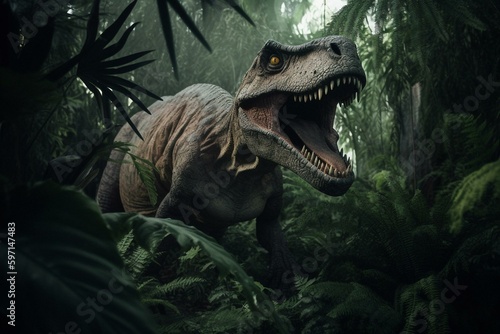 T-Rex roaming lush foliage. Generative AI © Melisende