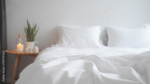 White bedding sheets and pillow background, Messy bed concept created with generative ai technology photo