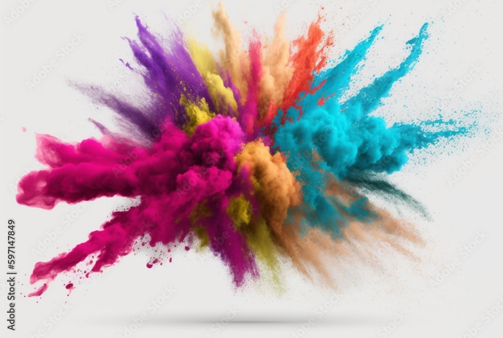 Holi color powder explosion with rainbow on isolated white background, burst of vibrant colors. Generative AI
