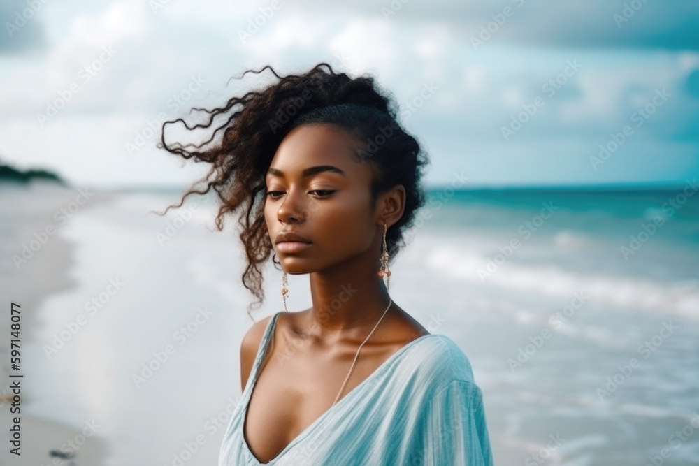 Close up portrait of beautiful black woman standing on the beach, Generative ai