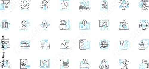 Public Finance linear icons set. Budgeting, Revenue, Expenditure, Taxation, Debt, Deficit, Surplus line vector and concept signs. Grants,Loans,Subsidies outline illustrations