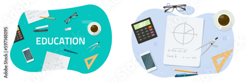 School table desk top view vector with math homework education graphic design, education desktop concept above flat lay cartoon illustration, study algebra learning college workspace image clipart
