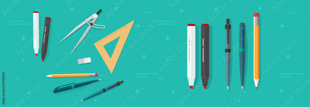 Pen pencil markers isolated vector set graphic flat illustration clipart image, education ruler compass divider study stuff or desktop table desk top view, school ballpoint stationery simple design - obrazy, fototapety, plakaty 